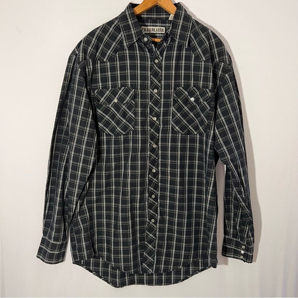 Trailblazer Pearl Snap Long Sleeve Shirt Black Plaid Size LT Large Tall